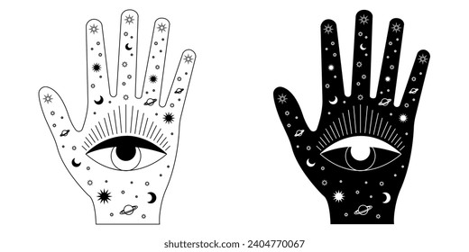 Palmistry and hieromancy. Hand lines and their meanings. Celestial and mystical astrology. Magical vector illustration.