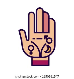 Palmistry icon is in flat and pixel perfect style. Astrology hand symbol for tarot cards or game web design. Magic vector icon for fortuneteller website. Isolated color object on a white background.