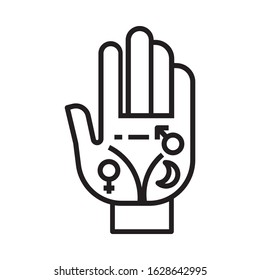 Palmistry icon is in line and pixel perfect style. Astrology hand symbol for tarot cards or game web design. Magic vector icon for fortuneteller website. Isolated object on a white background.