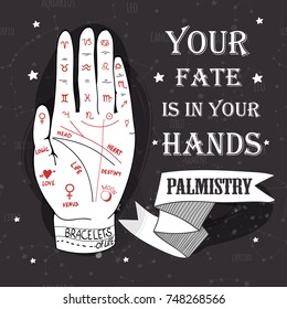 Palmistry illustration. Your fate is in your hands. Graphic vector poster