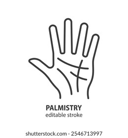 Symbol für Palmistry-Linie. Hand mit Linien Symbol. Handballlesen. Bearbeitbarer Strich. Vektorgrafik.