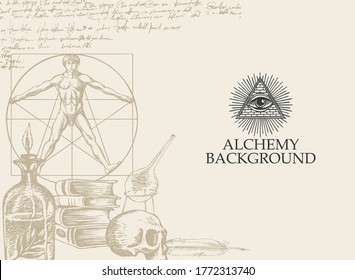 Palmistry map on open palm with signs of the planets. Vector hand-drawn banner with chiromancy hand, esoteric and magic symbols written in a circle in retro style. Divination and prediction of future