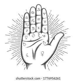 Palmistry map on open palm with astrology and hieromancy magic symbols. Vector illustration.