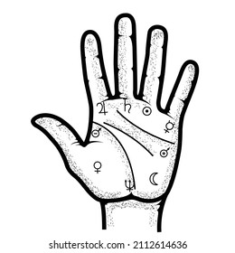 Palmistry map on open palm, fortune telling by hand and the lines of fate, prediction and divination, vector