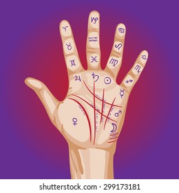 Palmistry map on open palm. vector illustration.