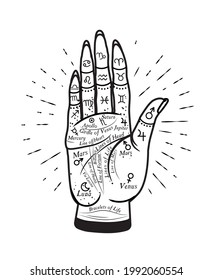 Palmistry Mystic Hand. Vector Illustration.