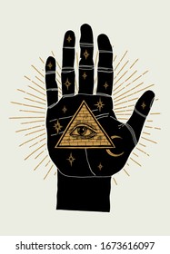 Palmistry palm with eye of providence and moon and stars in it. Vintage occult illustration.