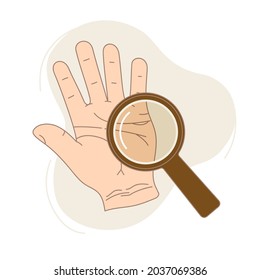 Palmistry. A palm with lines of fate and a magnifying glass.