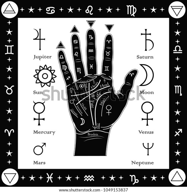 Palmistry Palms Signs Planets Black White Stock Vector (Royalty Free ...