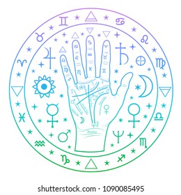 Palmistry palms, signs of planets and the zodiac, elements, round color pattern with a gradient.