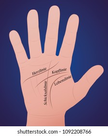 Palmistry - Right palm of the hand with the four main lines and names in GERMAN LANGUAGE. Vector illustration on blue gradient background.