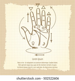 Palmistry sign vector illustration. Hand and isoteric signs on vintage background