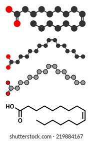 Palmitoleic acid (omega-7) fatty acid molecule. Conventional skeletal formula and stylized representations.