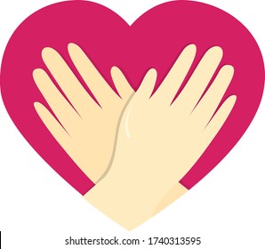 Palmas, brazos en un fondo de corazón rojo. Símbolo de cuidado, amor, abrazos, salud. Concepto vectorial de esperanza y amor
