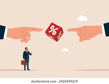 Palms arms pointing showing cube block with percentage. Interest, financial and mortgage rates. Flat vector illustration