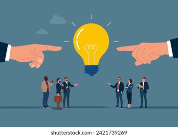 Palms arms pointing showing light bulb case. Creative new strategy. Flat vector illustration