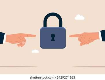 Palms arms pointing showing lock. Solve business problem, professional to give solutions. The data is securely protected. Flat vector illustration