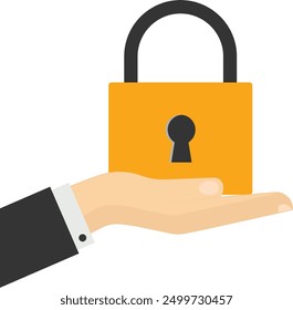Palms arms pointing showing lock. Solve business problem, professional to give solutions. The data is securely protected. Flat vector illustration

