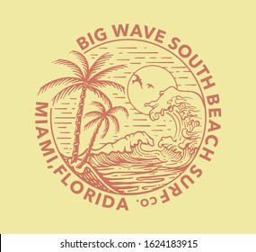 Palms, Beach, Big Waves And Sun Simple Minimal Illustration With Big Wave South Beach Co. Miami, Florida Slogan Print Design 