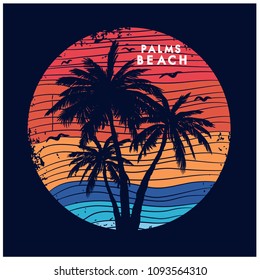 Palms beach palm tree vector print.Sunset illustration.