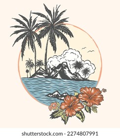 palms and beach scene with hibiscus flowers vector illustration slogan print design
