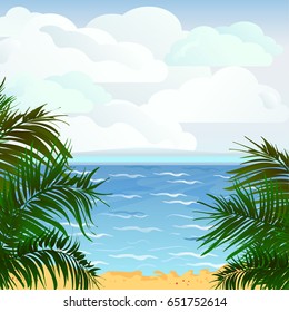 Palms, beach, sea, sandy beach, blue waves and white clouds. Landscape marine. Illustration vector, cartoon style, picture about summer vacation.