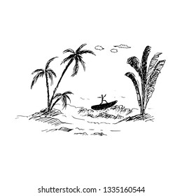 Palms, beach and serf  board. Vector illustration.