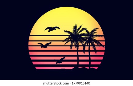 Palms beach sunset skyline birds retro 80's shadow