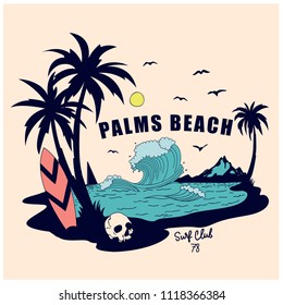 Palms beach vector illustration.Summer t-shirt design.