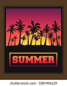 Palms black silhouette in frame with gradient background. Vector illustration design poster.