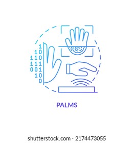 Palms blue gradient concept icon. Biometric identification technology abstract idea thin line illustration. Palm vein scanning and verification. Isolated outline drawing. Myriad Pro-Bold font used
