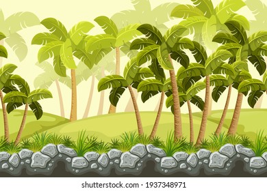 Palms, border old gray rock. Landscape stone cliff in jungle for computer games. Seamless cartoon vector background.