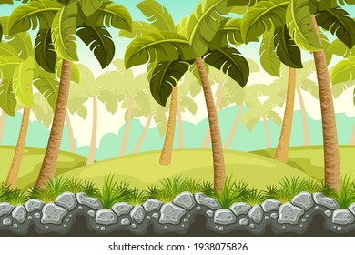 Palms, Border Old Gray Rock. Landscape Stone Cliff In Jungle For Computer Games. Seamless Cartoon Vector Background.