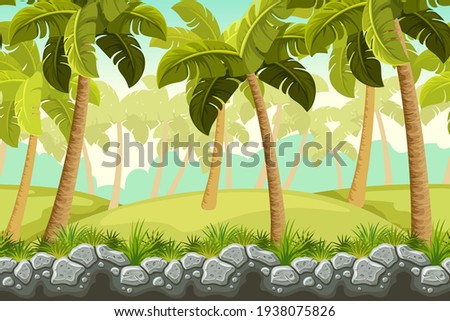 Palms, border old gray rock. Landscape stone cliff in jungle for computer games. Seamless cartoon vector background.