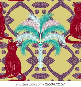 Palms and cats. Exotic tropical seamless pattern. Modern retro style with sketch elements.