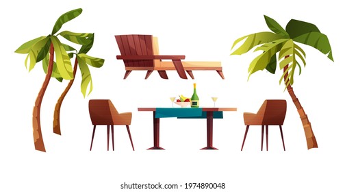 Palms, chaise longue, beach chairs and table with food cartoon vector illustration. Set of sea side elements.