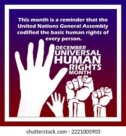 Palms with clenched hands and bold text with sentences in frame on gradient background to commemorate Universal Human Rights Month on December