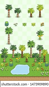 Palms, coconut tree, banana tree, and small vegetation set for tropical rainforest scene on oblique projection. Images are designed to align into square grid for easy game tile-mapping.