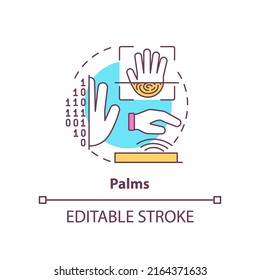 Palms concept icon. Biometric identification technology abstract idea thin line illustration. Palm vein scanning. Isolated outline drawing. Editable stroke. Arial, Myriad Pro-Bold fonts used