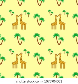Palms and giraffes seamless pattern on a yellow background.
Vector illustration.