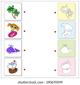 Palms, girl with inflatable circle, whale and sailing ship. Educational game for kids. Choose the correct silhouettes on the opposite side and connect the points