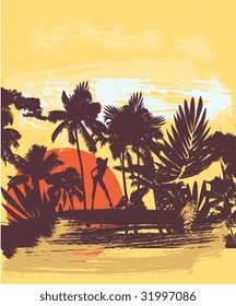 Palms and girl, vector
