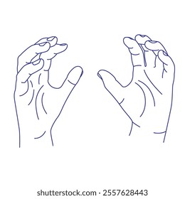 The palms are half bent and turned towards each other as if holding something. Contour vector hand sketch illustration