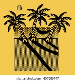 Palms with hammock, sun and sea. Vector illustration