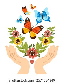 Palms of hands with flowers and leaves release colorful butterflies. Butterfly symbolizing freedom, transformation and connection with nature and beauty of environment. Vector illustration flat style