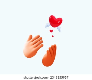 Palms of hands and flying red heart with wings. Love emoji for social media. Valentine's Day design element in cartoon style. Vector illustration