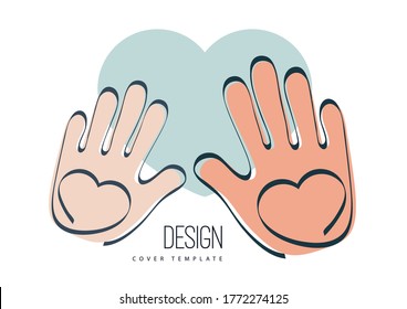 Handflächen und Herzstücke. Kreatives Design. Das Konzept der Unterstützung, Wohltätigkeit, Freiwilligentätigkeit, Liebe, Güte. Vektorgrafik.