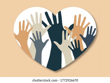 Palmas de manos y corazón. Diseño creativo. El concepto de apoyo, caridad, voluntariado, amor, bondad. Ilustración vectorial.