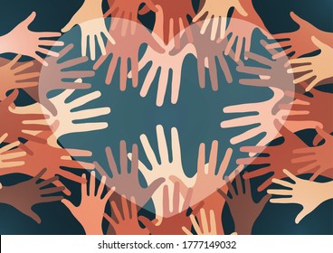 Handflächen und Herzstücke. Kreatives Design. Das Konzept der Unterstützung, Wohltätigkeit, Freiwilligentätigkeit, Liebe, Güte. Vektorgrafik.
