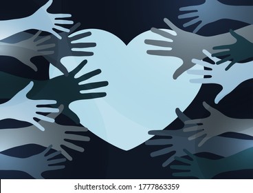 Palmas de manos y corazón. Diseño creativo. El concepto de apoyo, caridad, voluntariado, amor, bondad. Ilustración vectorial.